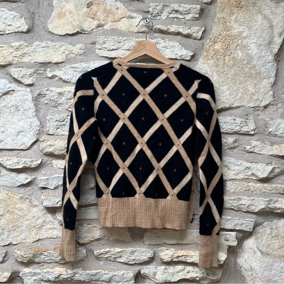 CASHMERE CARDIGAN INTARSIA BLACK/BONE/BEIGE size Small - Picture 7 of 7